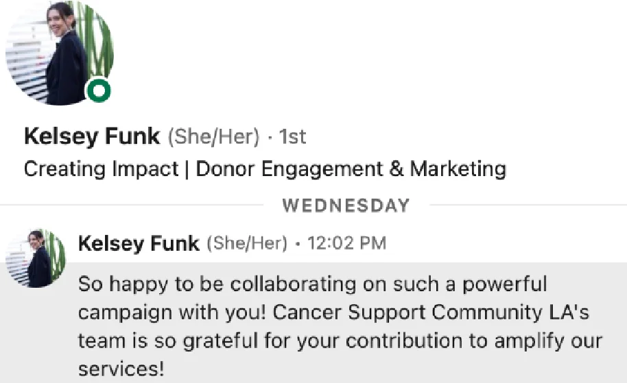 LinkedIn message from Cancer Support Community LA thanking the campaign team