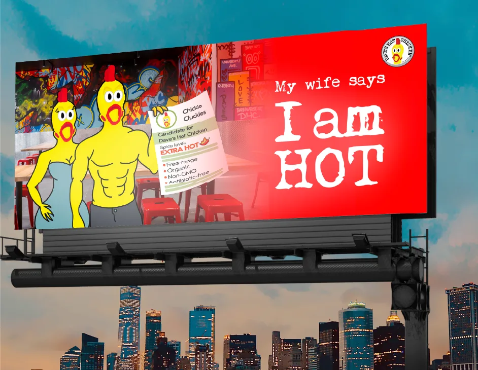 Campaign billboard over a city skyline