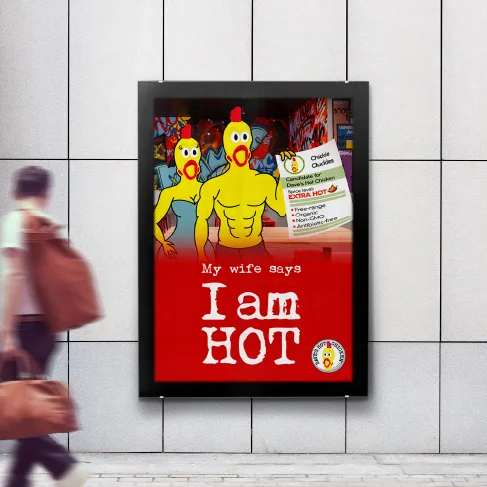 Framed poster on a tiled wall