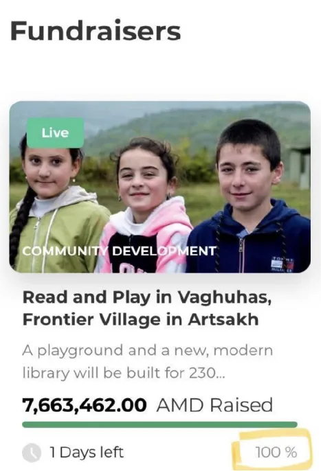 Rearmenia fundraiser card showing 100 percent funded