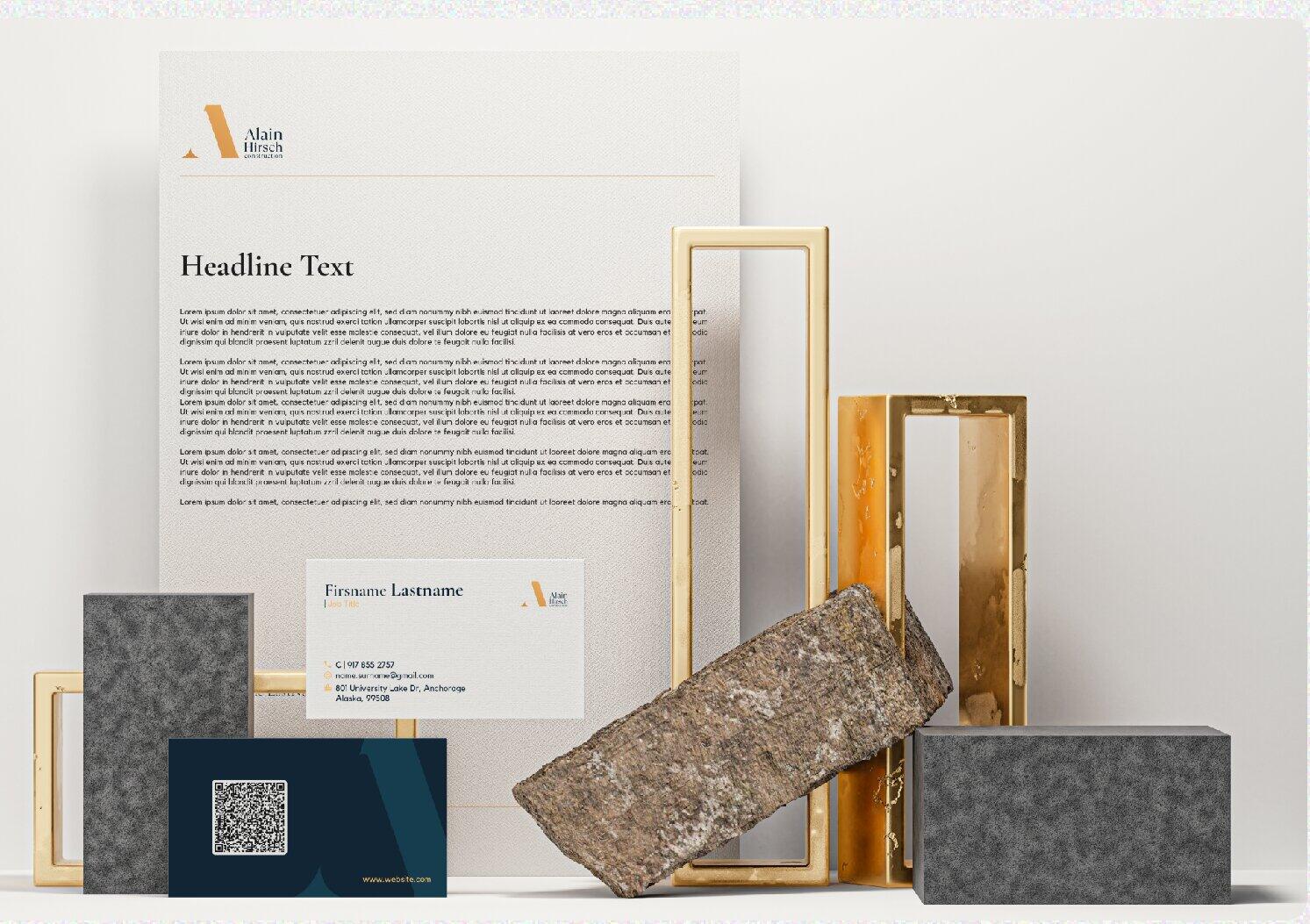 AHC letterhead and business cards with material samples