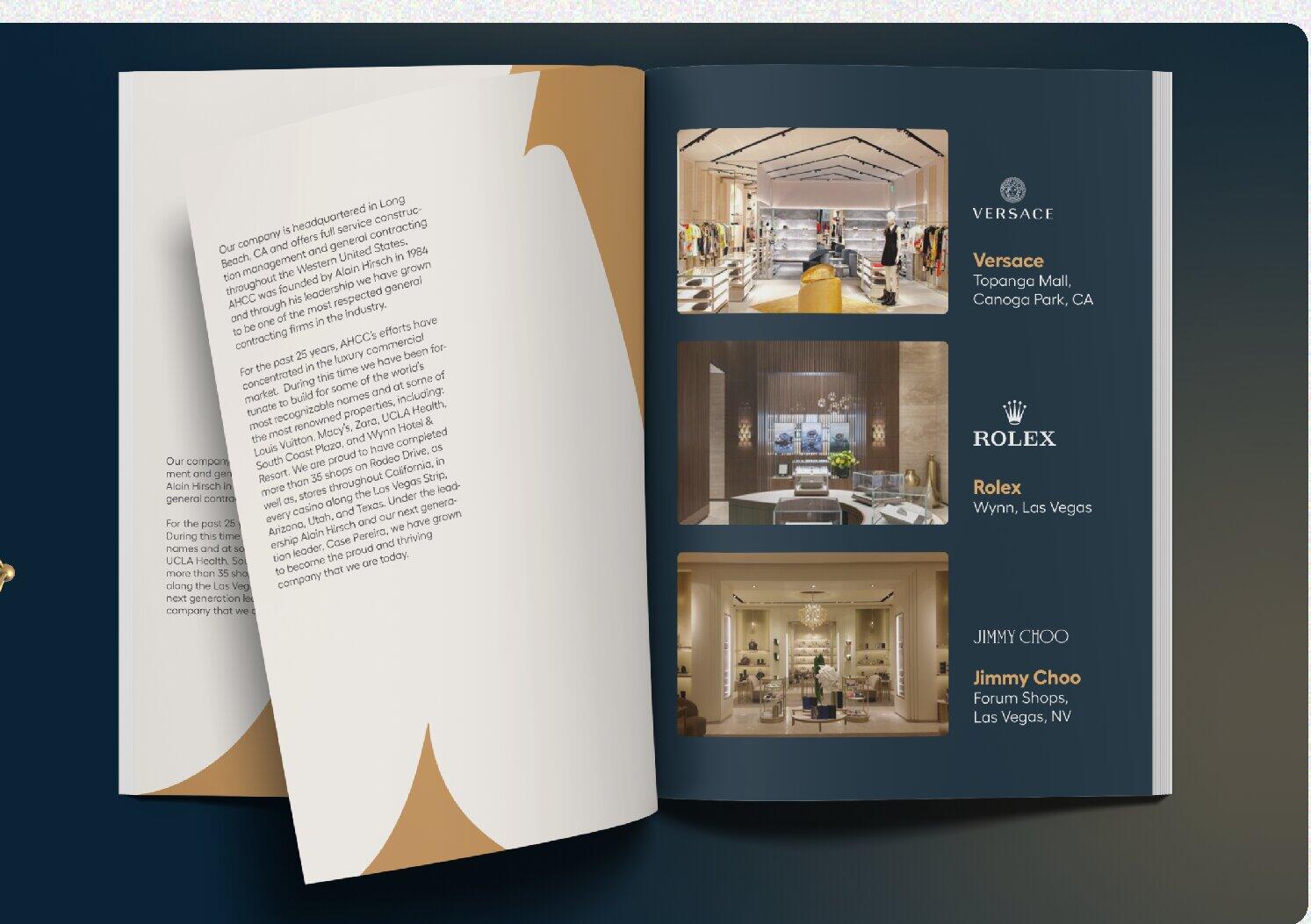 AHC brand book spread featuring Versace, Rolex, and Jimmy Choo projects