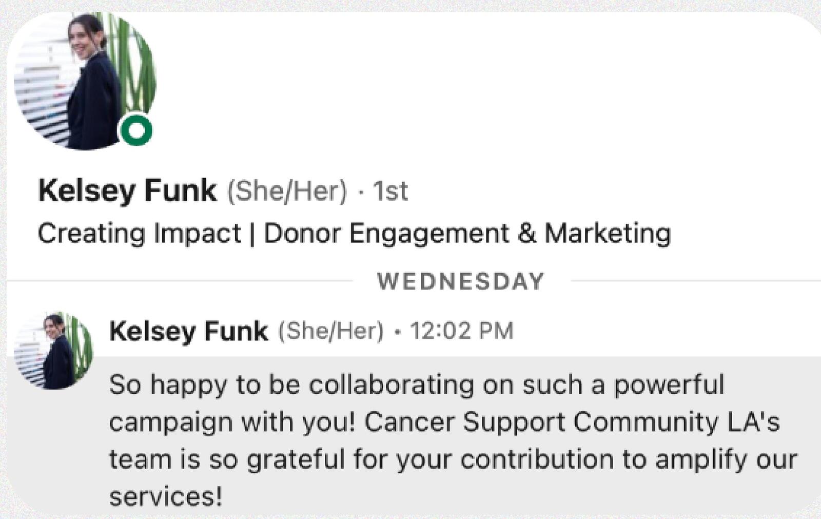 LinkedIn message from Cancer Support Community LA thanking the campaign team