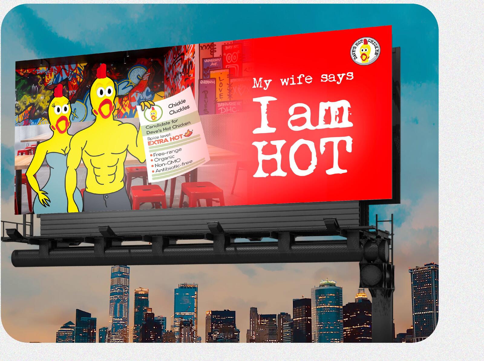 Dave’s Hot Chicken campaign billboard over a city skyline