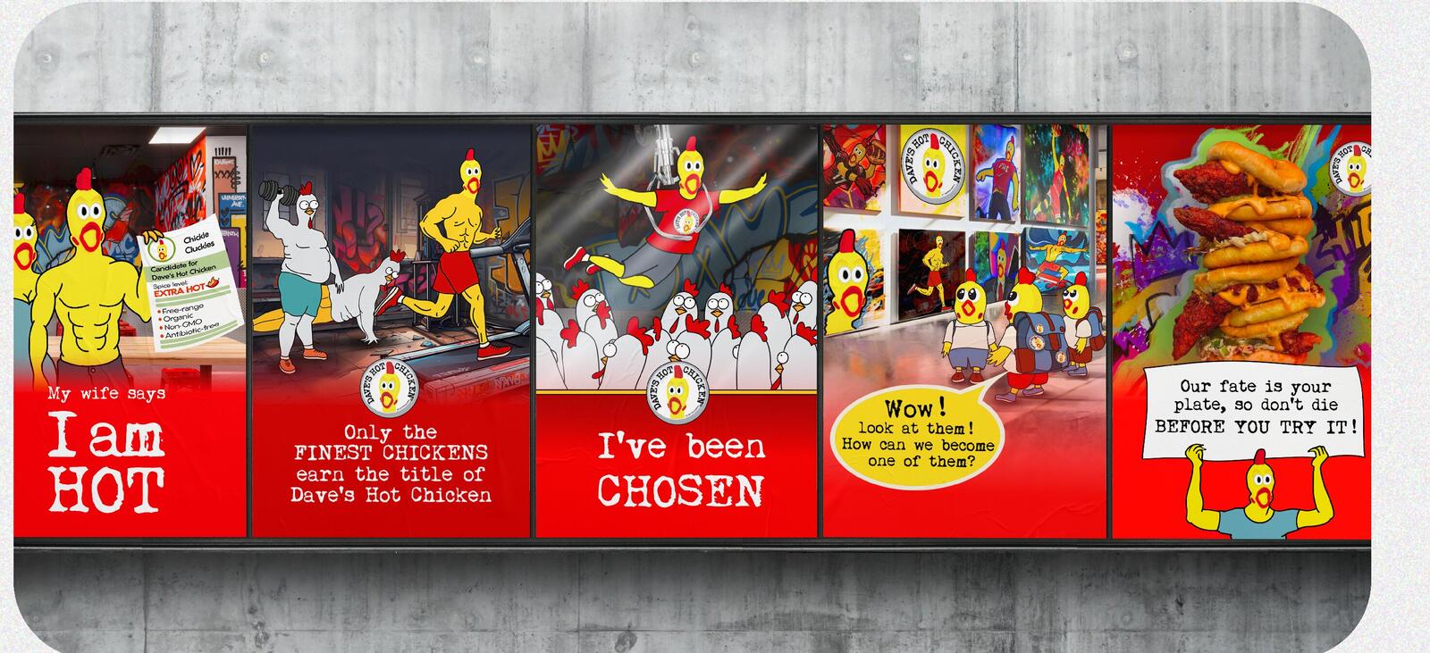 Storefront window lined with the full Dave’s Hot Chicken campaign series