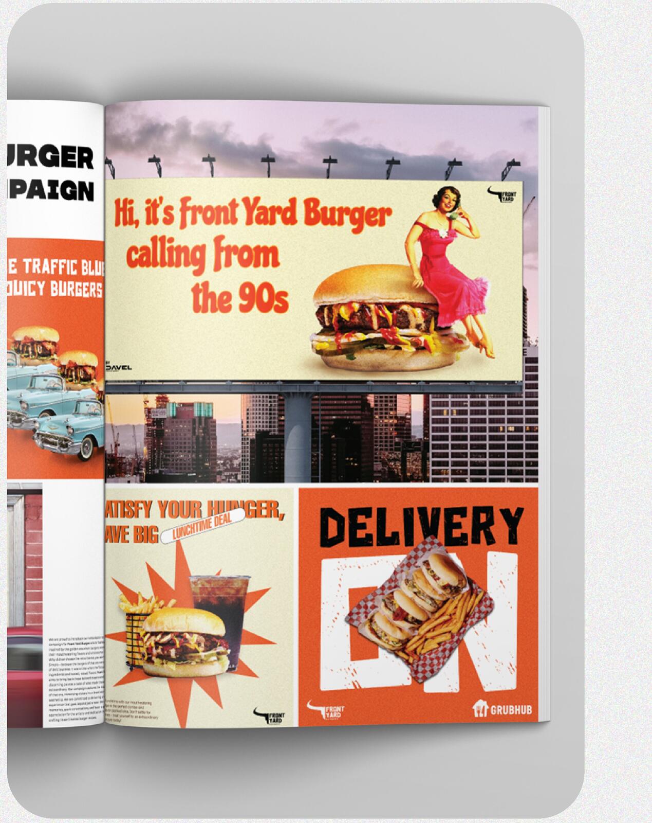 Magazine spread with the Front Yard Burger campaign