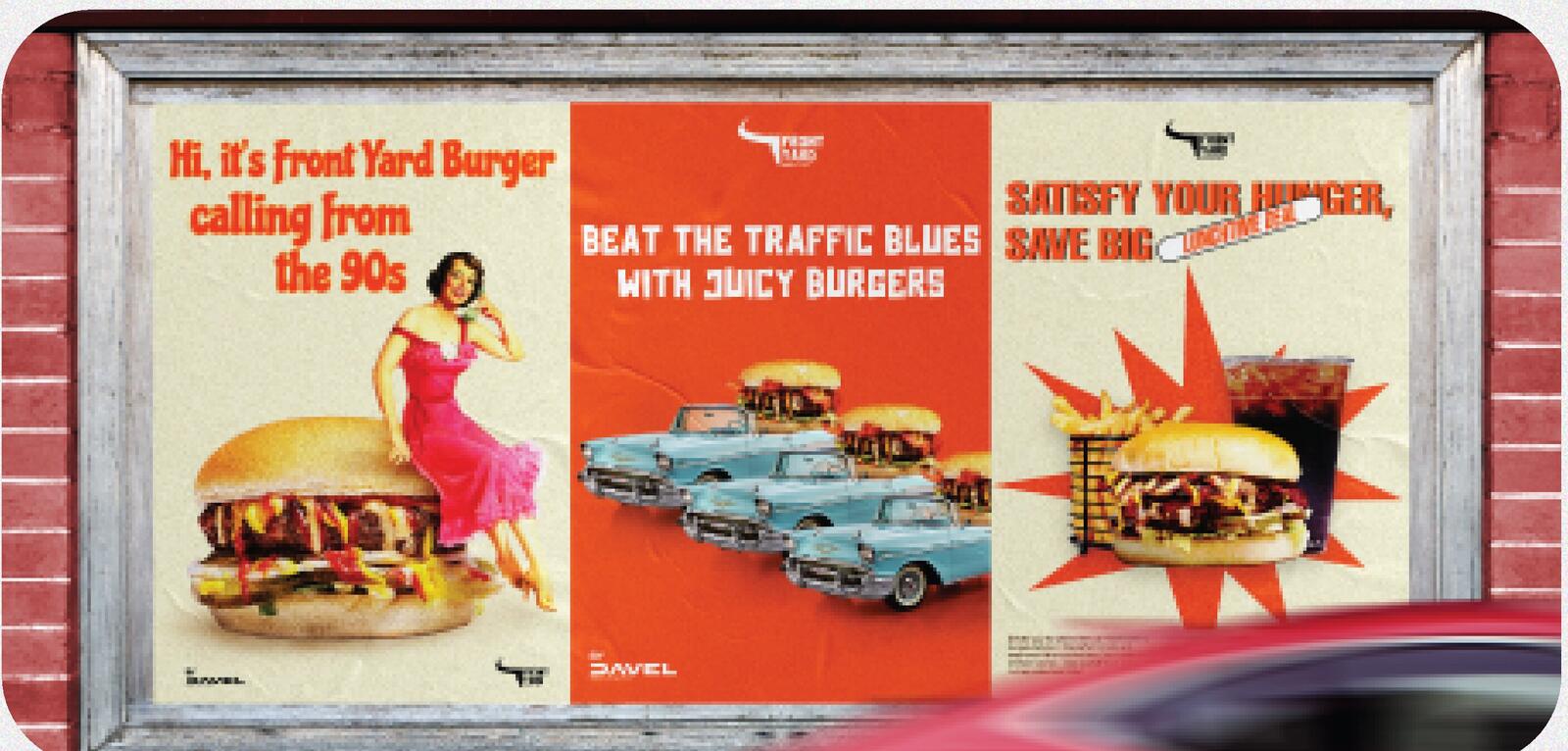 Front Yard Burger nostalgia posters framed on a street wall
