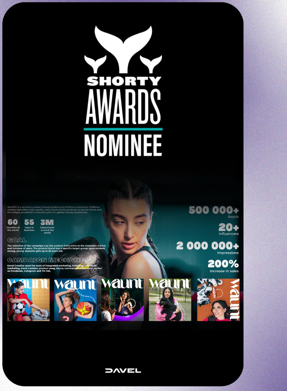 Shorty Awards nominee card for the WAUNT campaign with reach and sales statistics