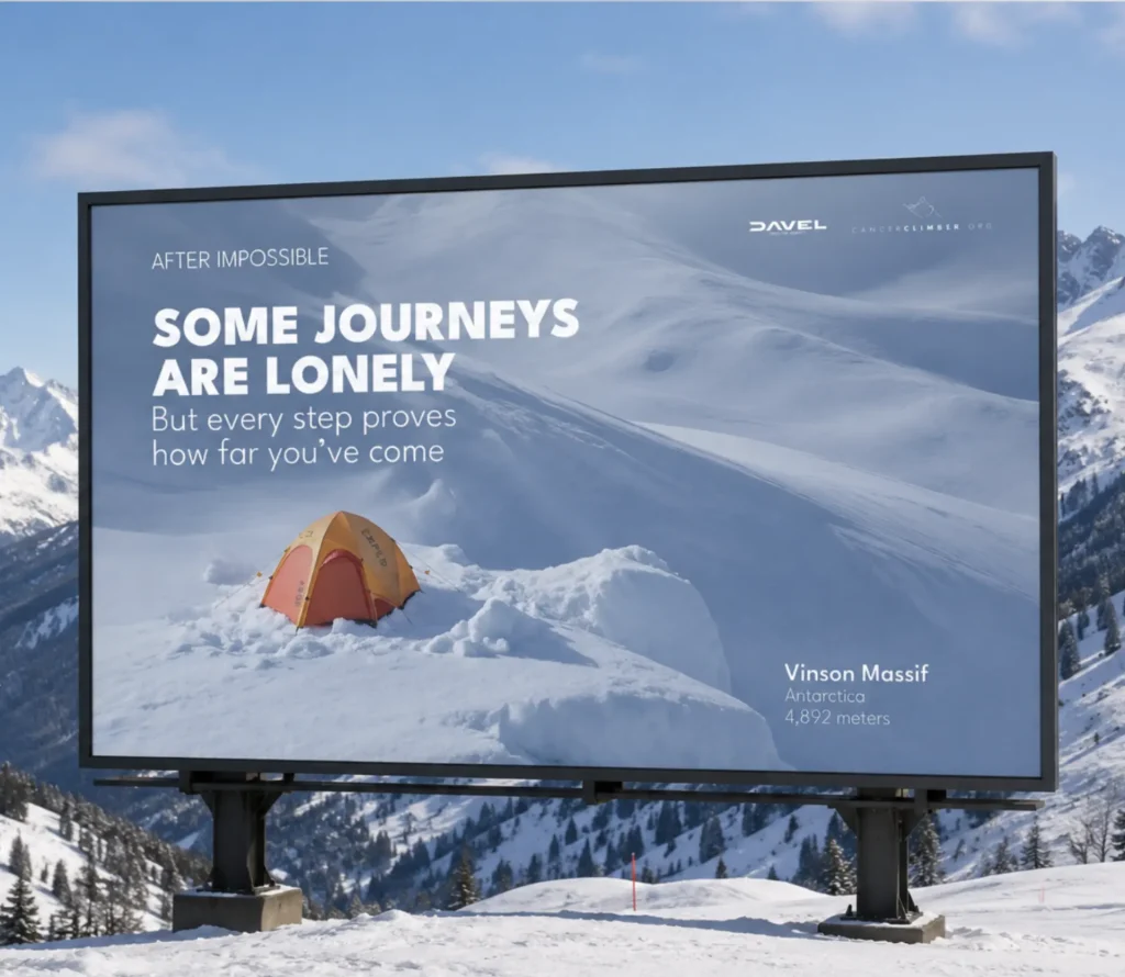 Some Journeys Are Lonely After Impossible billboard at Vinson Massif