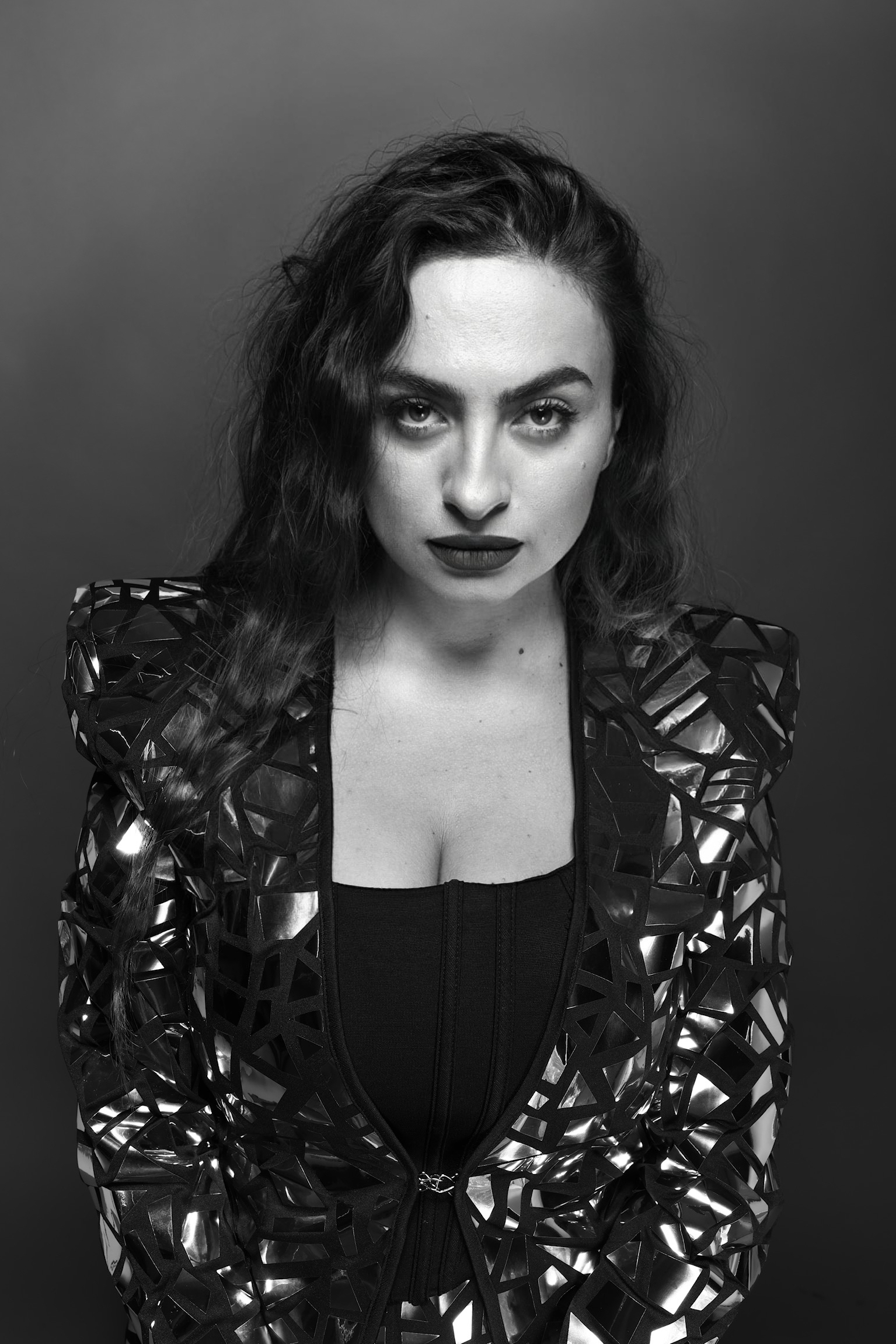 Elen Gasparyan, black-and-white portrait in a mirrored jacket
